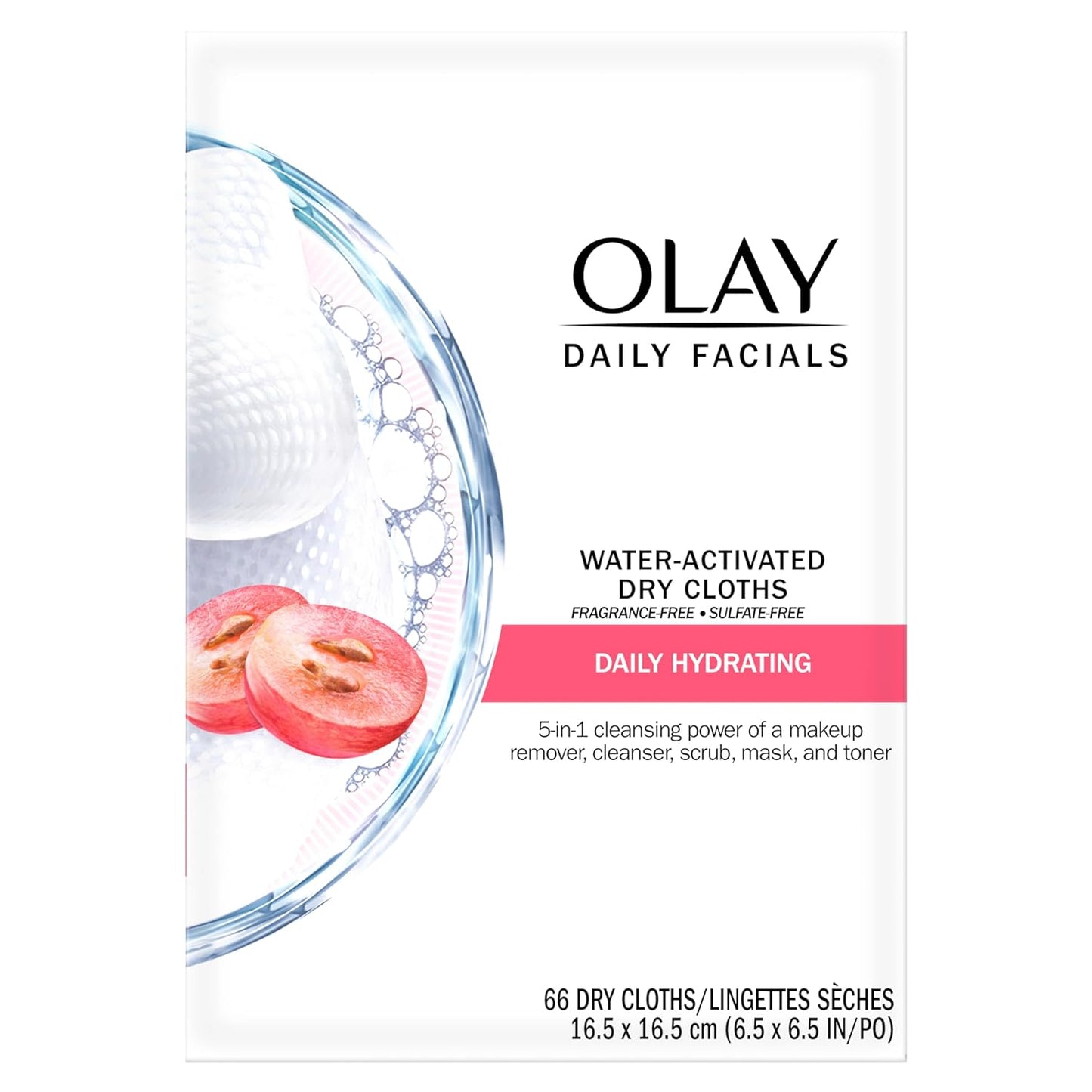 Daily Facials, Daily Clean Makeup Removing Facial Cleansing Wipes, 5-In-1 Water Activated Cloths, Exfoliates, Tones and Hydrates Skin, 66 Count